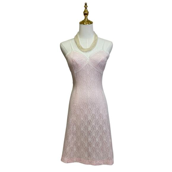 Vintage 60s Germany Pink Nylon Chiffon All Lace Full Slip Dress Women’s Size S - Picture 9 of 10